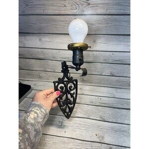 VINTAGE BLACK CAST IRON WALL MOUNT CORDED LIGHT FIXTURE Primitive Cottage